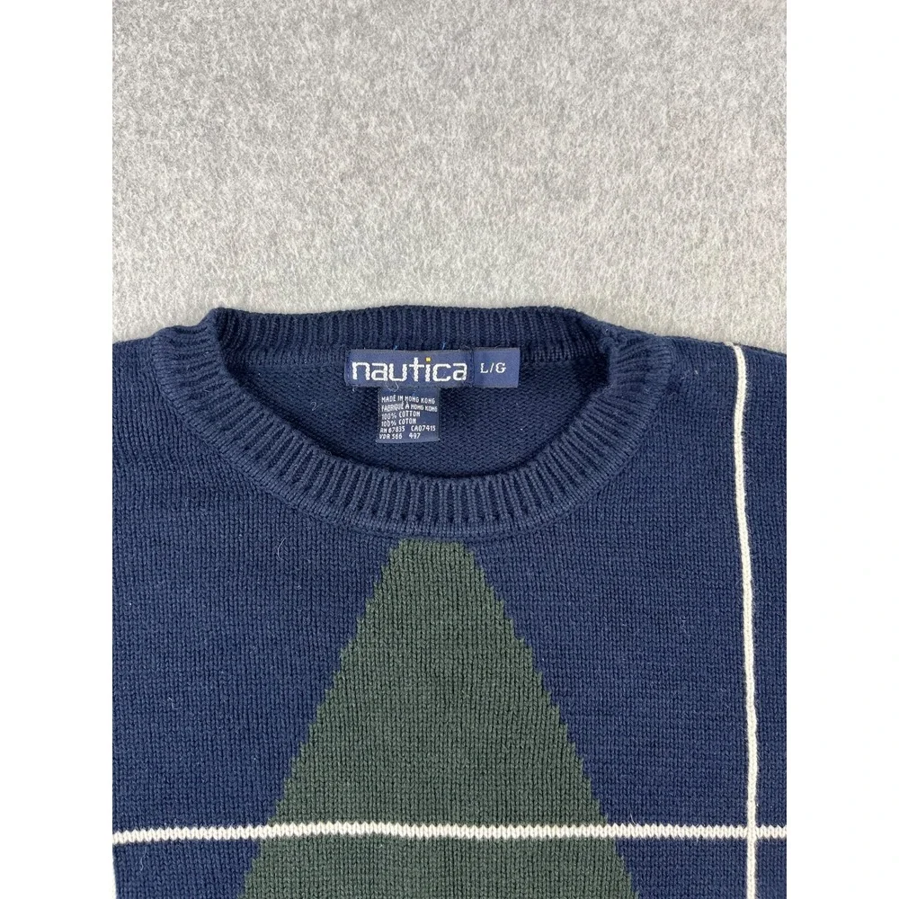 Vintage Nautica Sweater Mens L Blue Geometric Argyle White Windowpane 90s Crew